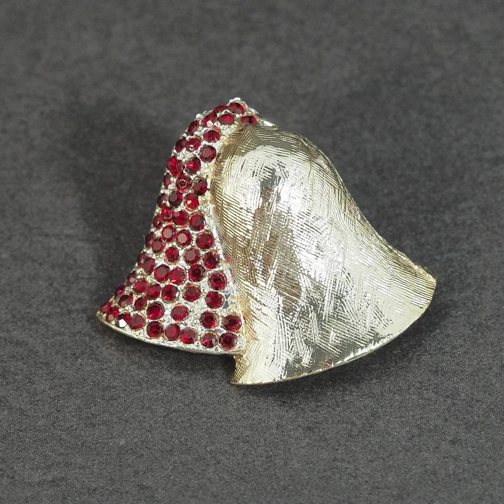 Vintage Christmas Bell Brooch Pin Red Rhinestone Pave Gold Tone Signed Holiday